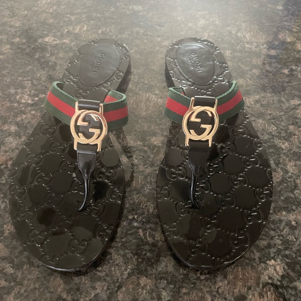 Gucci GG web, striped thong, sandal, UE38, US 8 black monogram, flip-flop slide